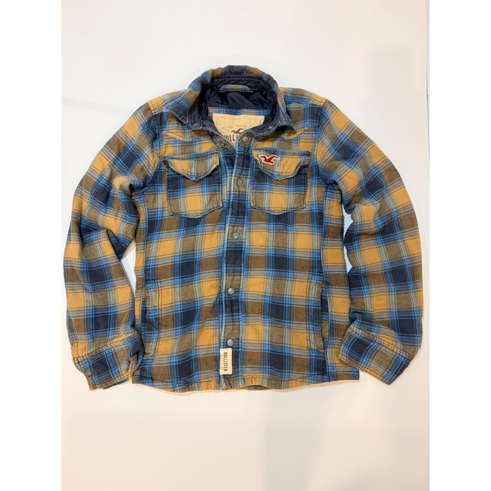 Hollister Carlsbad Flannel Shirt Jacket Mens Medium Blue Yellow Plaid Good